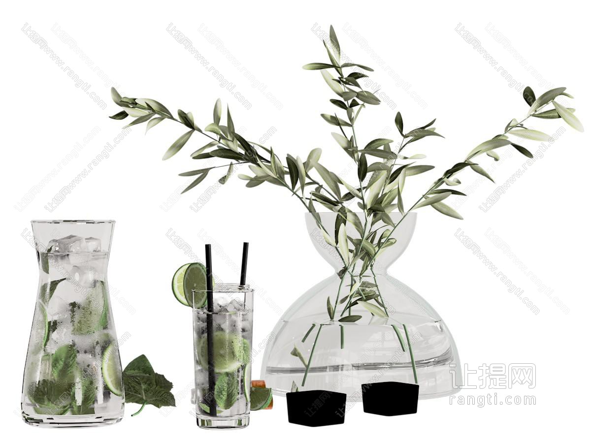 现代玻璃花瓶花卉 茶具杯子 摆件组合