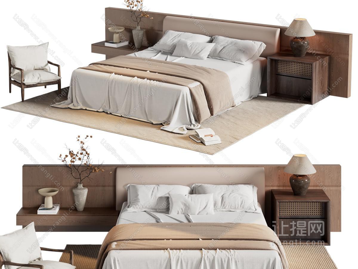 侘寂风双人床 床头柜