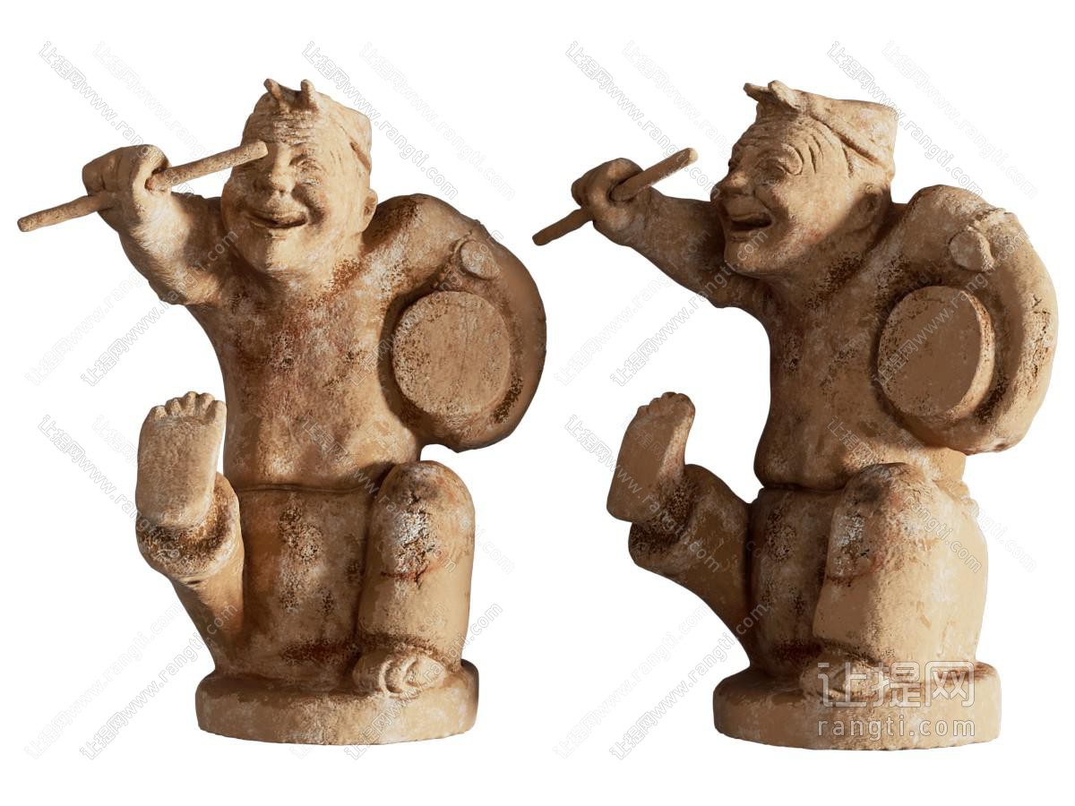 中式敲鼓的老人雕塑雕刻摆件组合