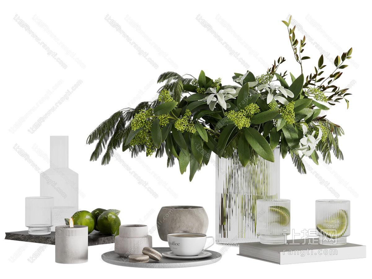 现代花瓶花卉 茶具杯子 摆件组合