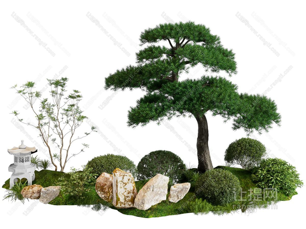 现代松树 花草植物 石头 景观园艺小品