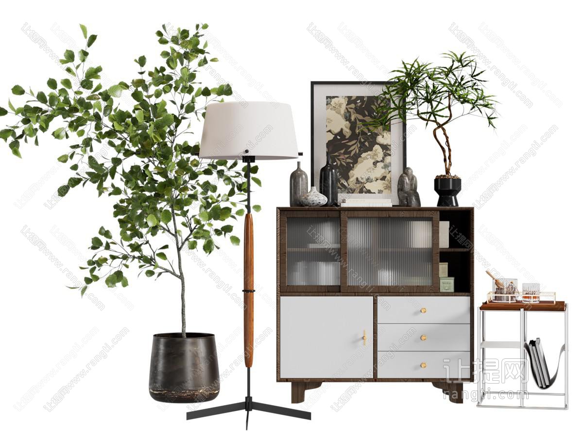 现代中古风玄关柜 边柜 花盆盆栽植物