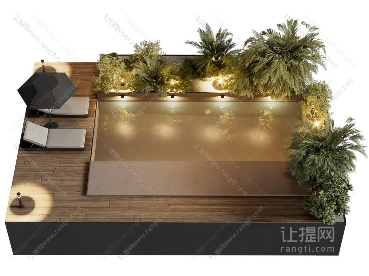 现代庭院游泳池 躺椅 遮阳伞