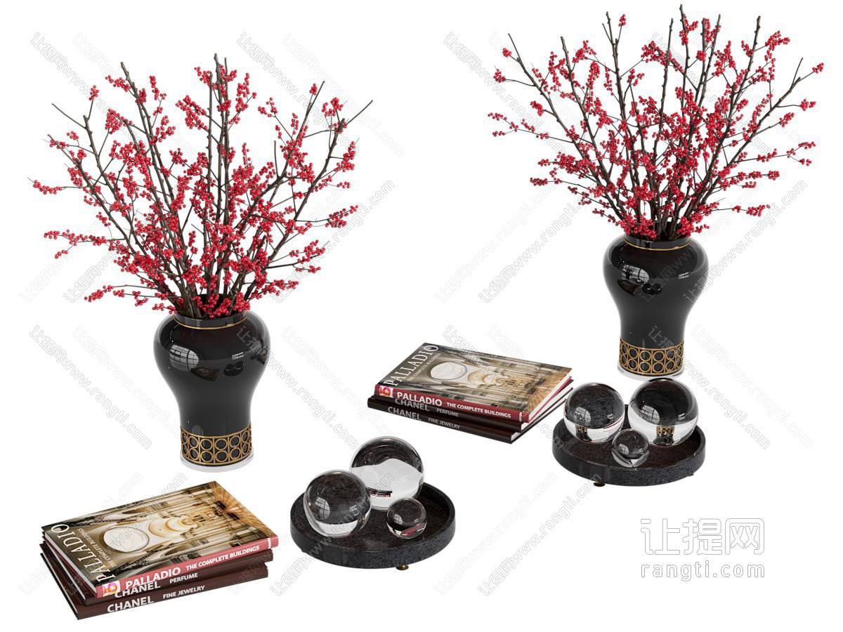 现代花瓶花卉 书本 摆件组合