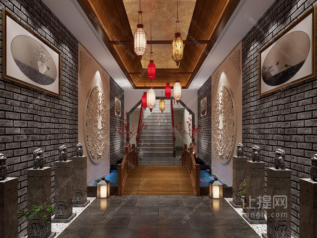 新中式酒店景观走廊过道