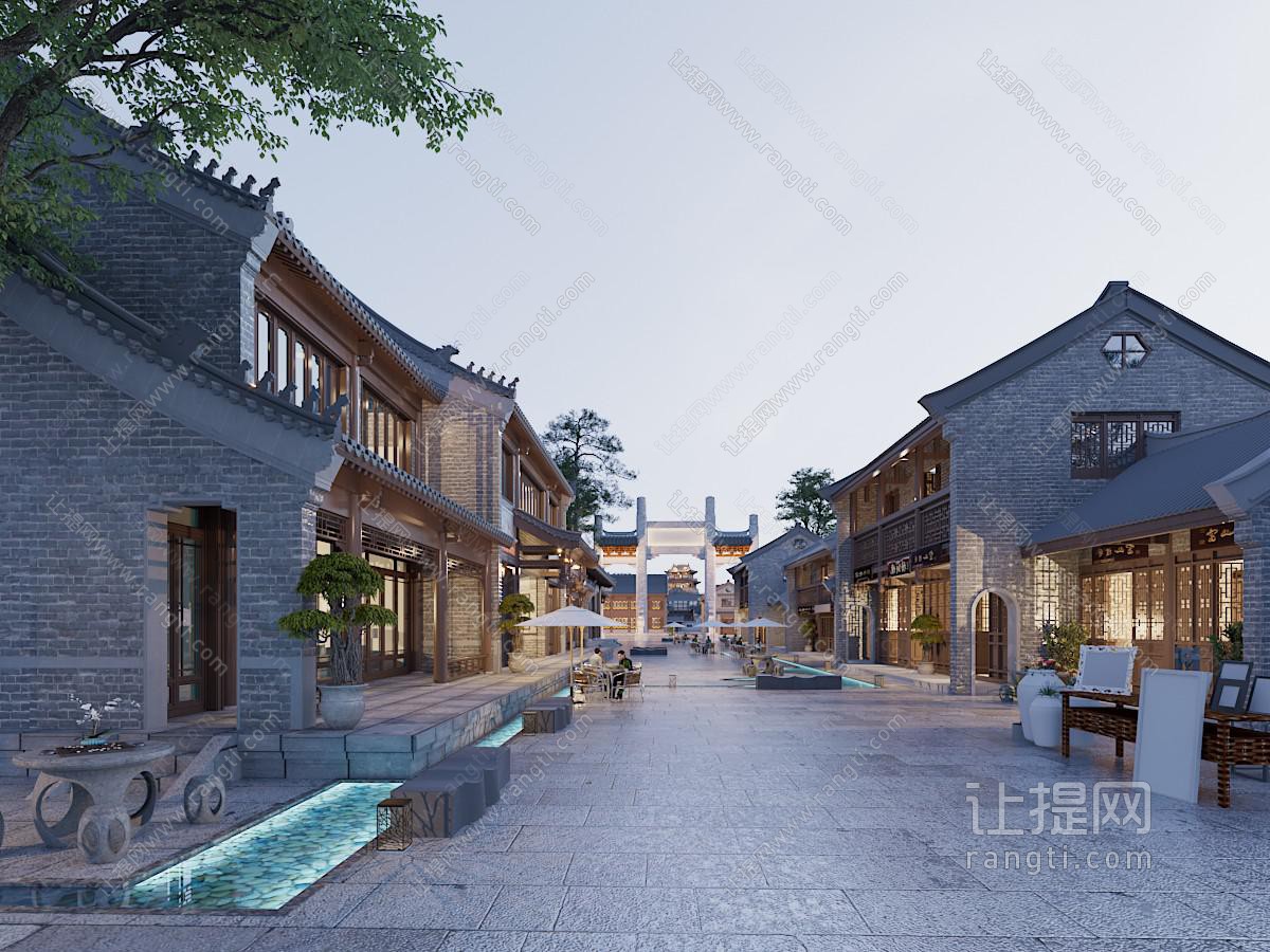 中式古建商业街夜景