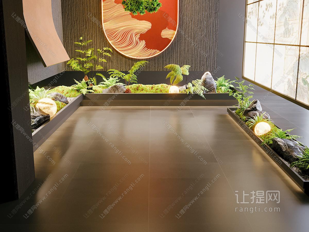 新中式室内造景 悬吊迎客松 石头 园艺小品