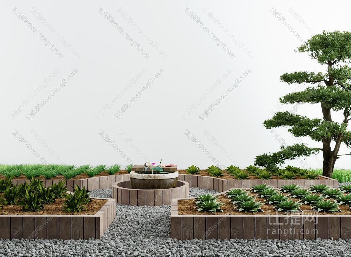现代户外松树 水井景观园艺小品