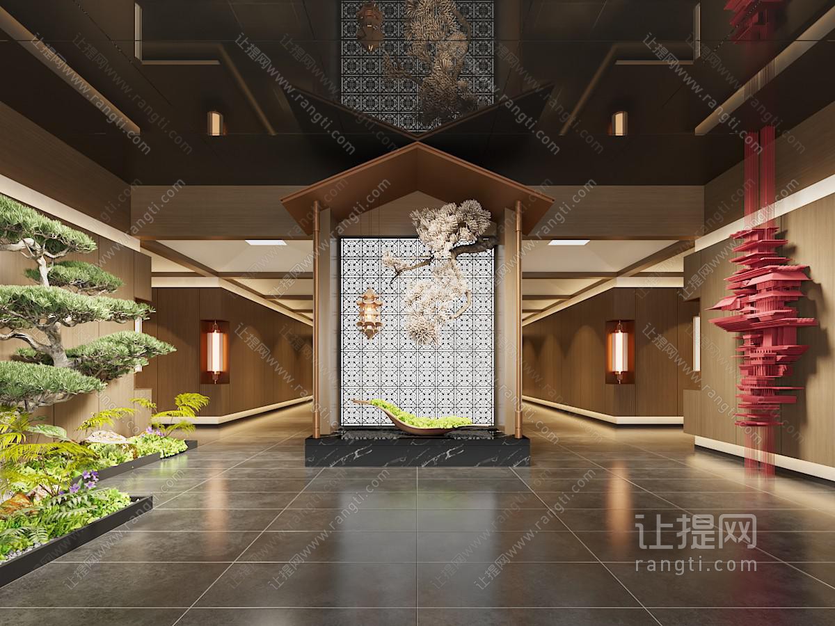 新中式茶室过道 会所走廊 过道景观