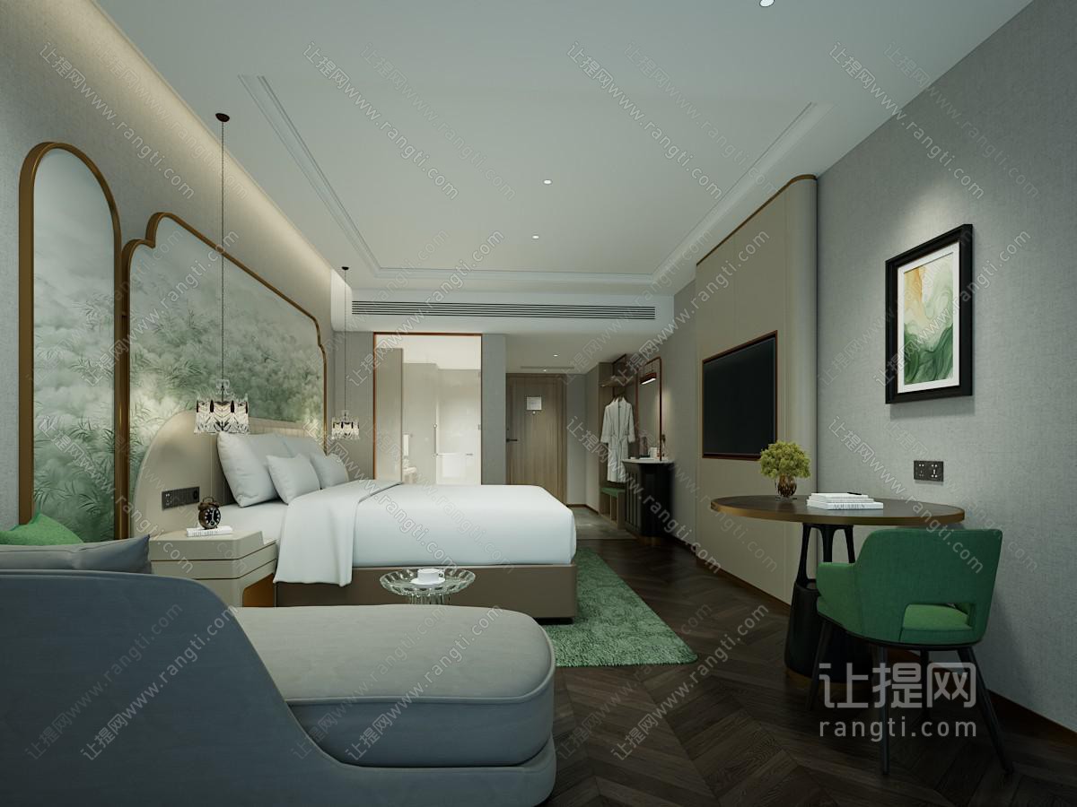 现代酒店 客房 大床房 贵妃椅 写字桌 水吧台