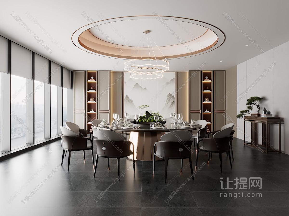 新中式包厢 圆形吊顶 轻奢吊灯