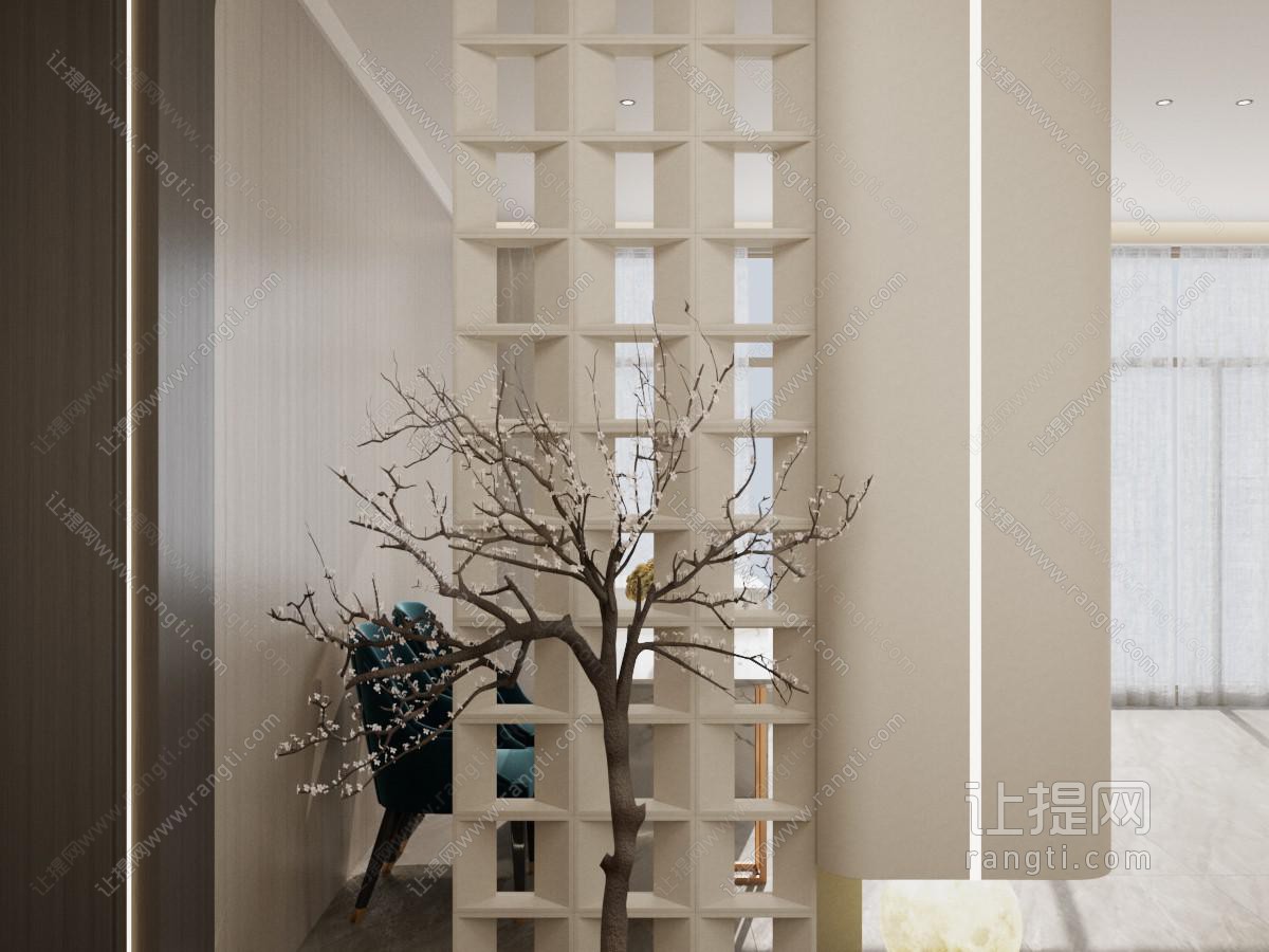 中式中古玄关 轻奢风 水泥砖 造景 悬浮隔断 玄关