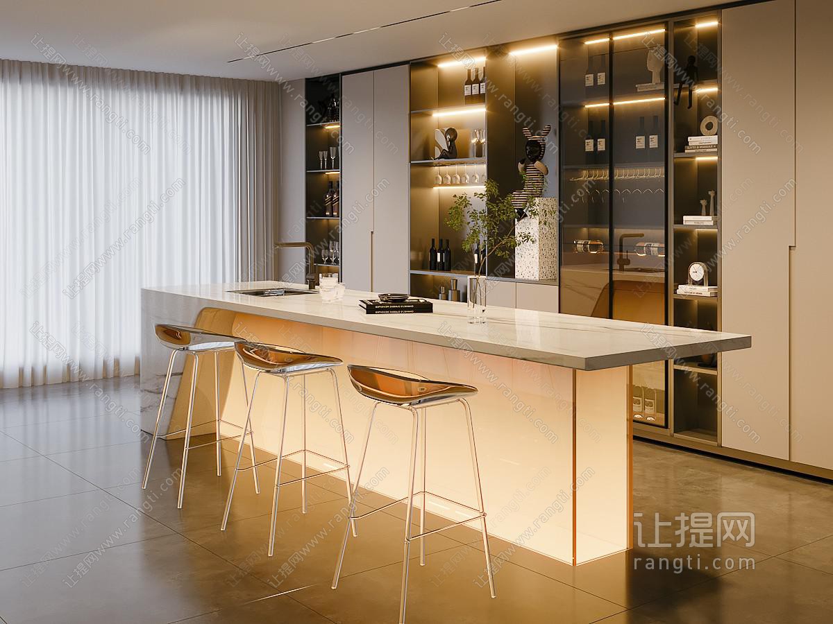 现代轻奢吧台吧椅 玻璃酒柜 中岛餐桌椅