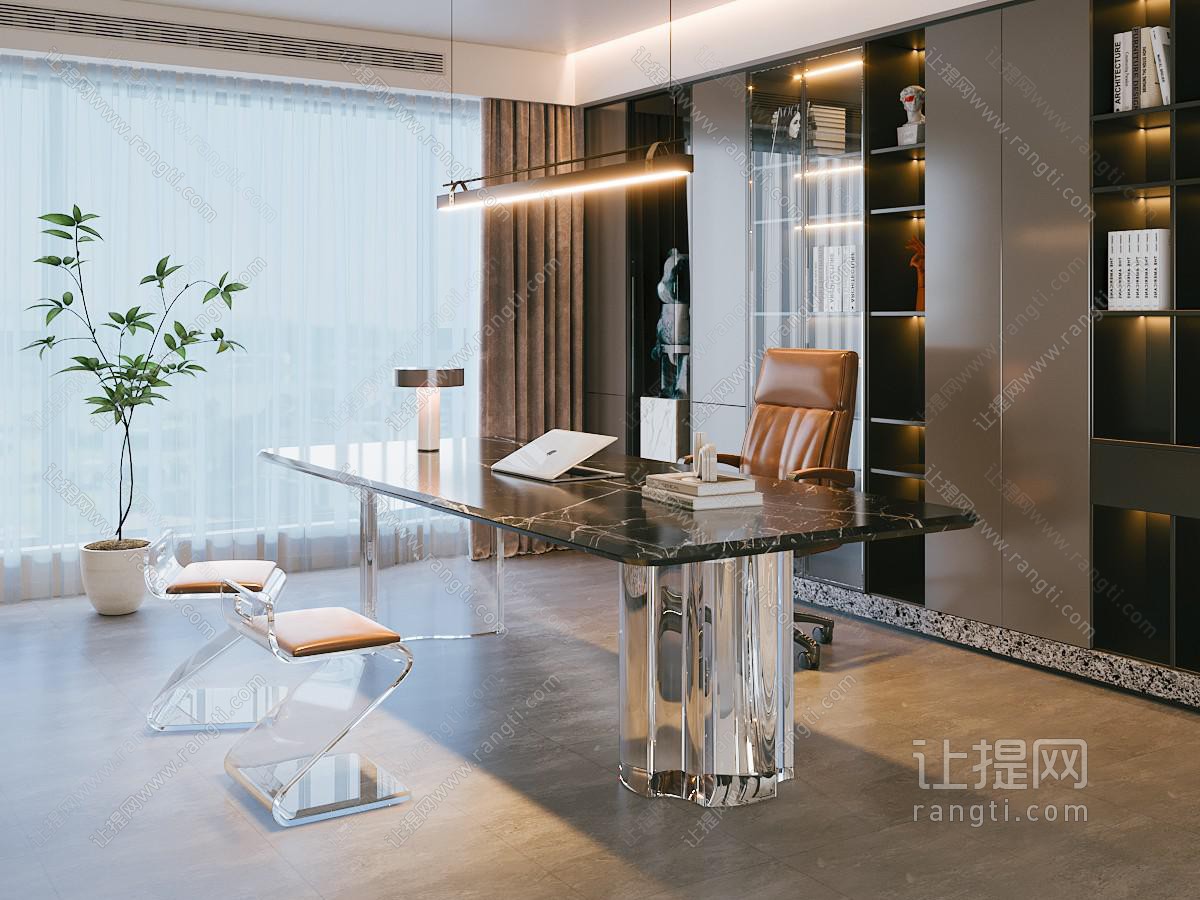 现代意式书房 大理石书桌椅组合 书柜装饰柜 亚克力矮