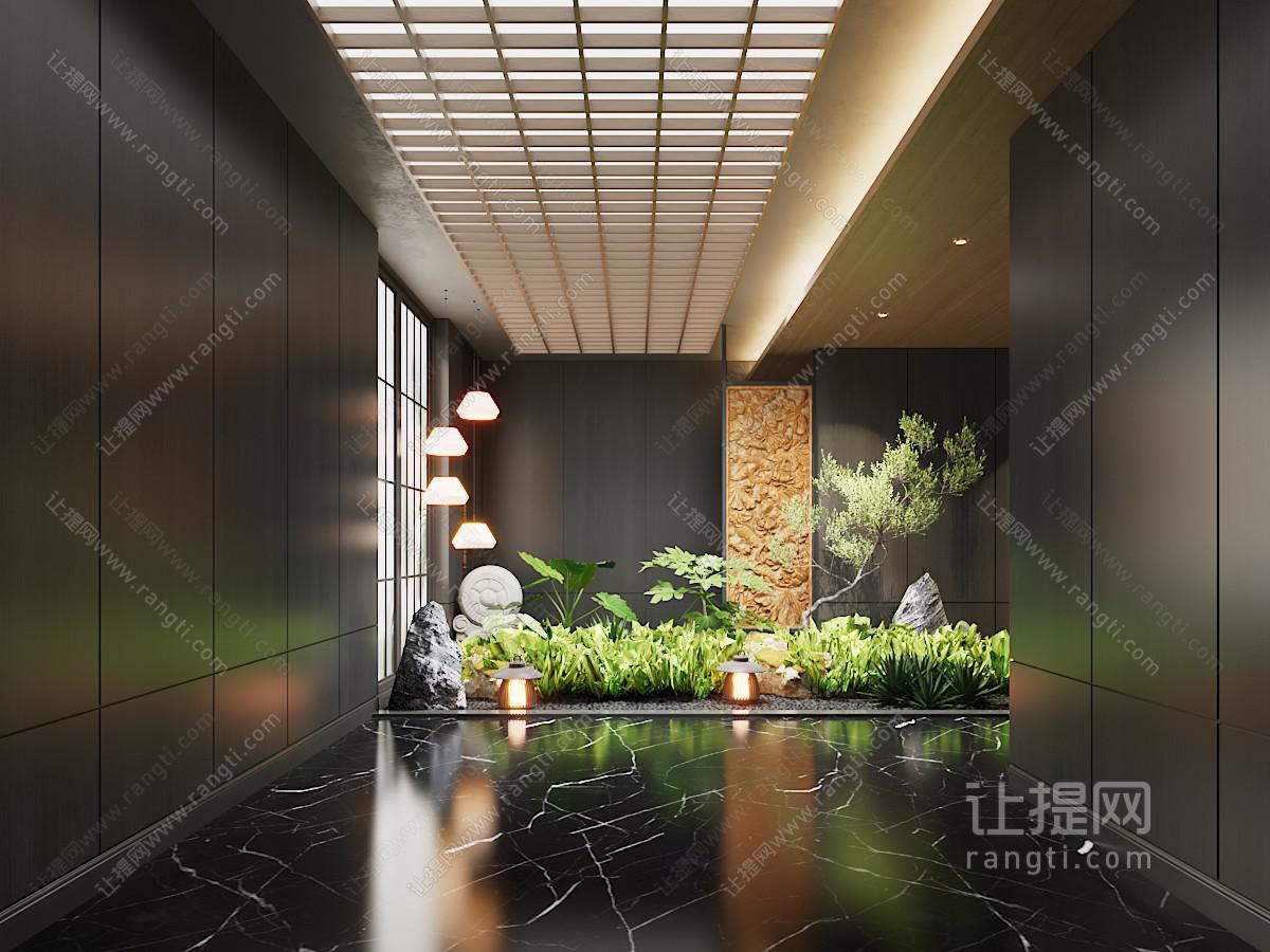 新中式会所过道 景观过道