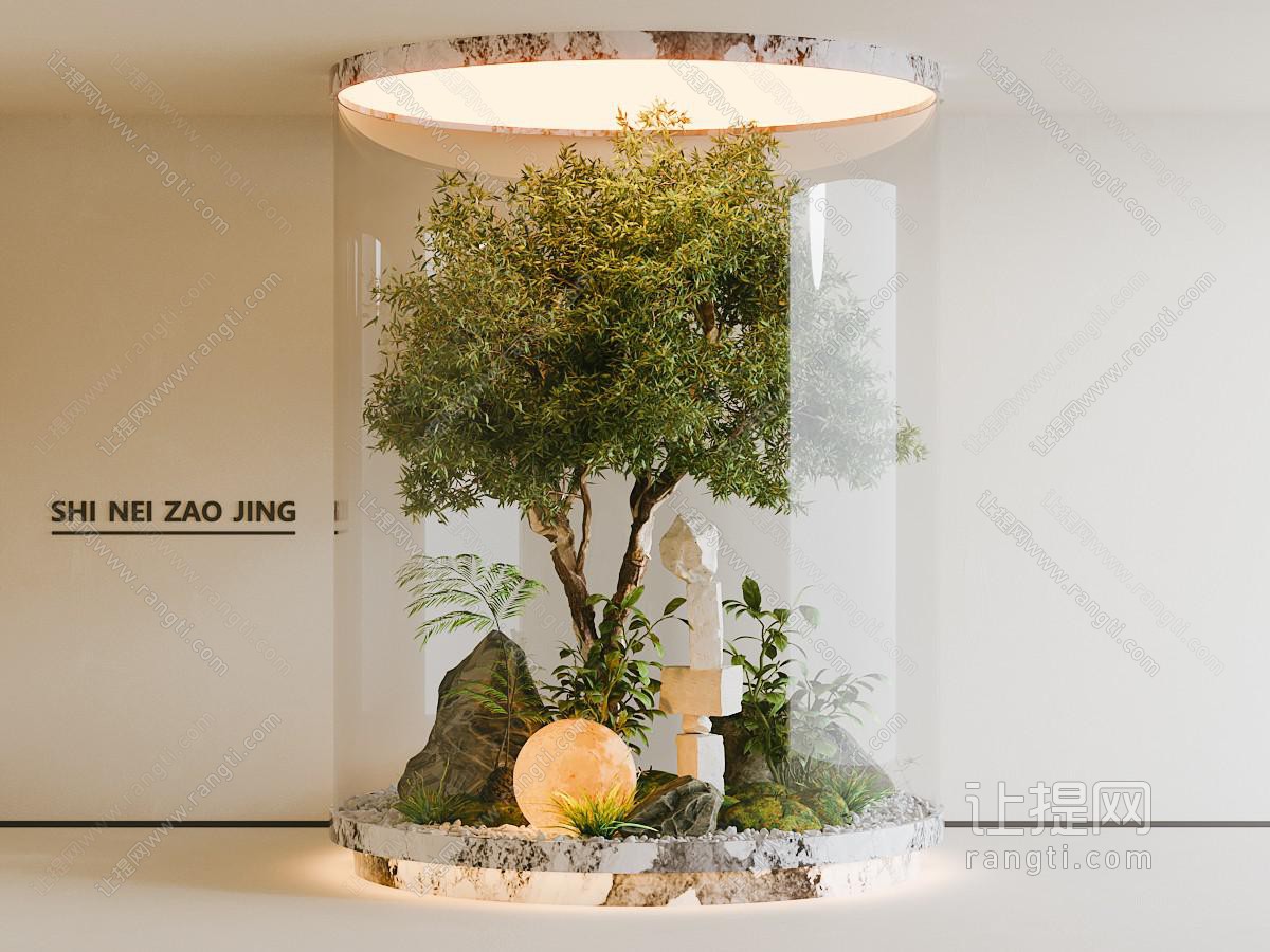 现代室内造景 庭院小品 景观树 石头 月球装饰灯 植物
