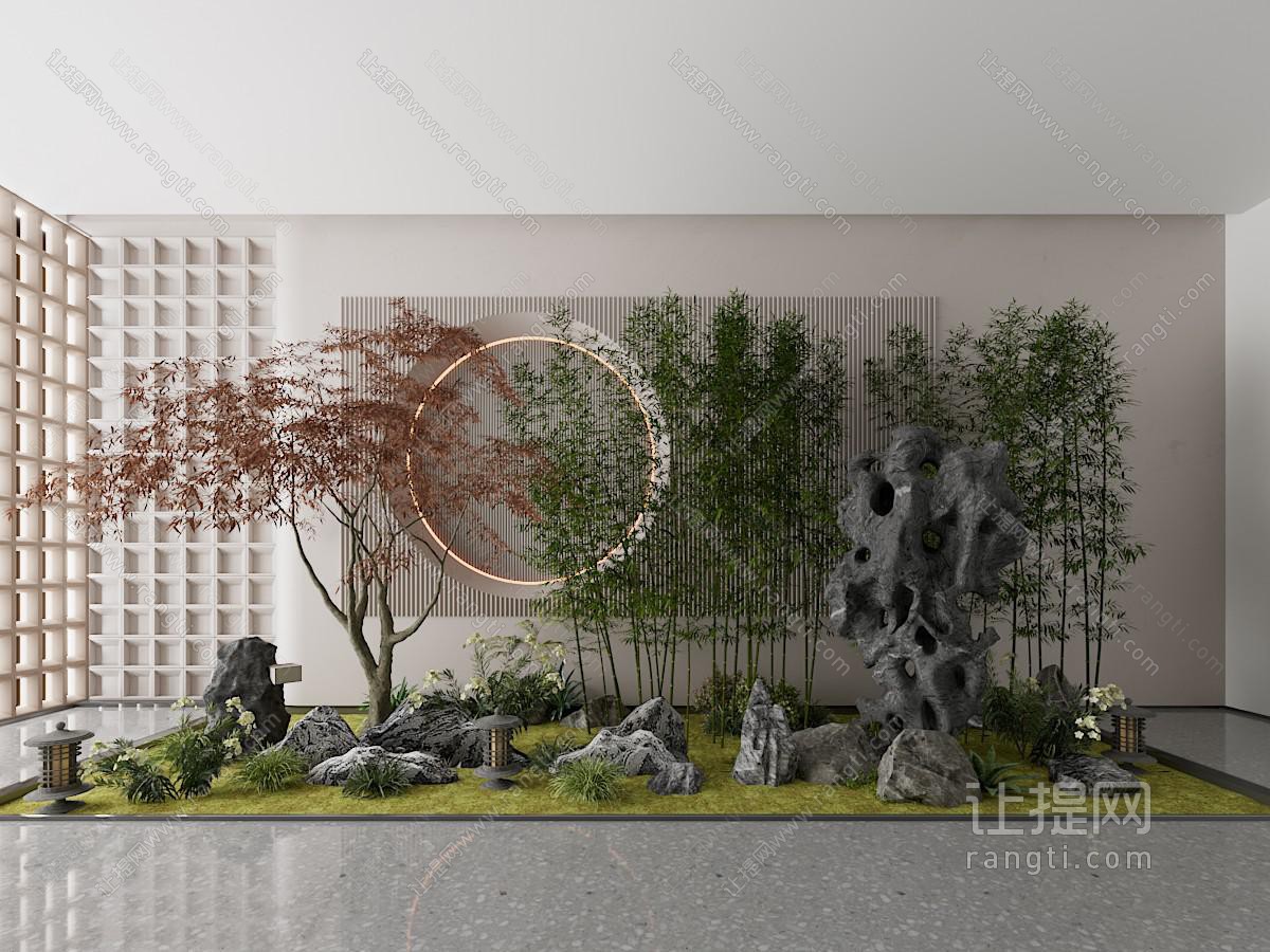 新中式室内竹子 景观竹群 景观石 红枫 微景观