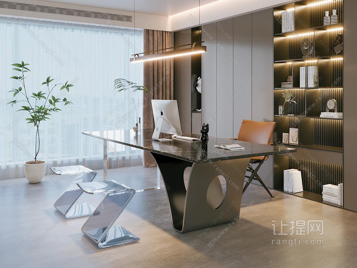 现代意式书房 大理石书桌椅组合 装饰书柜 亚克力矮凳