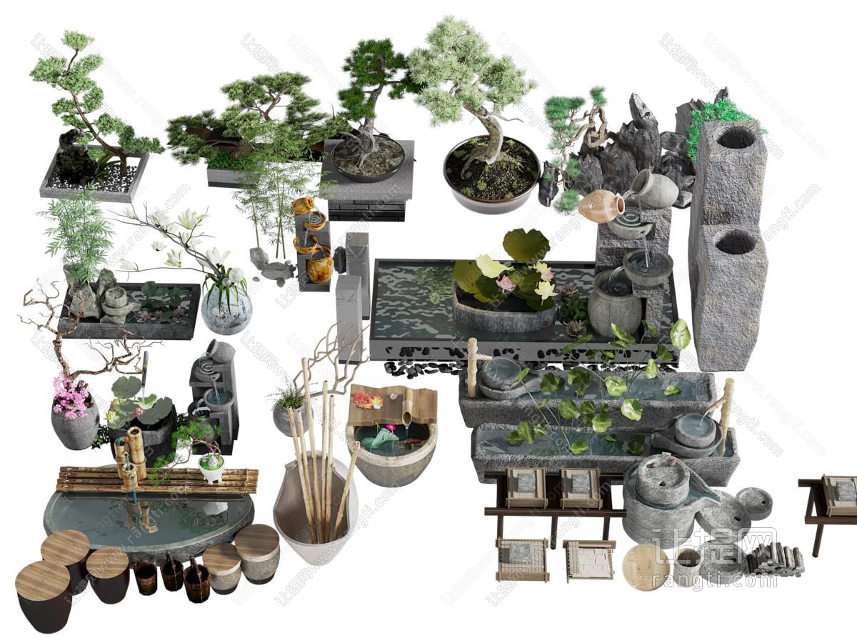 新中式盆景盆栽植物 水景园艺小品