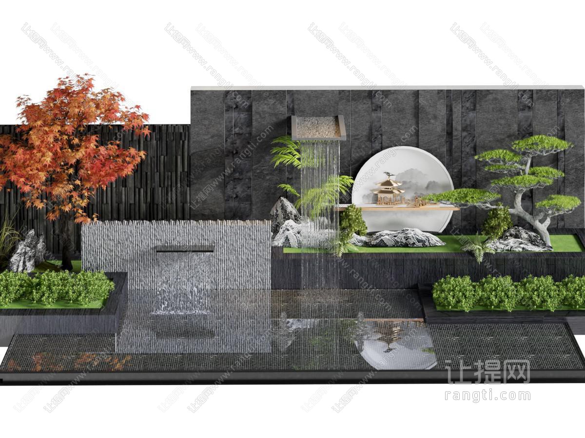 新中式庭院水景 树木 景观园艺小品