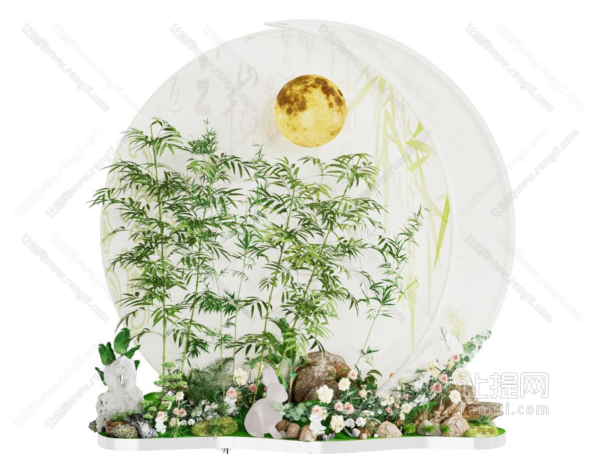 新中式竹子 花草花卉 石头景观园艺小品
