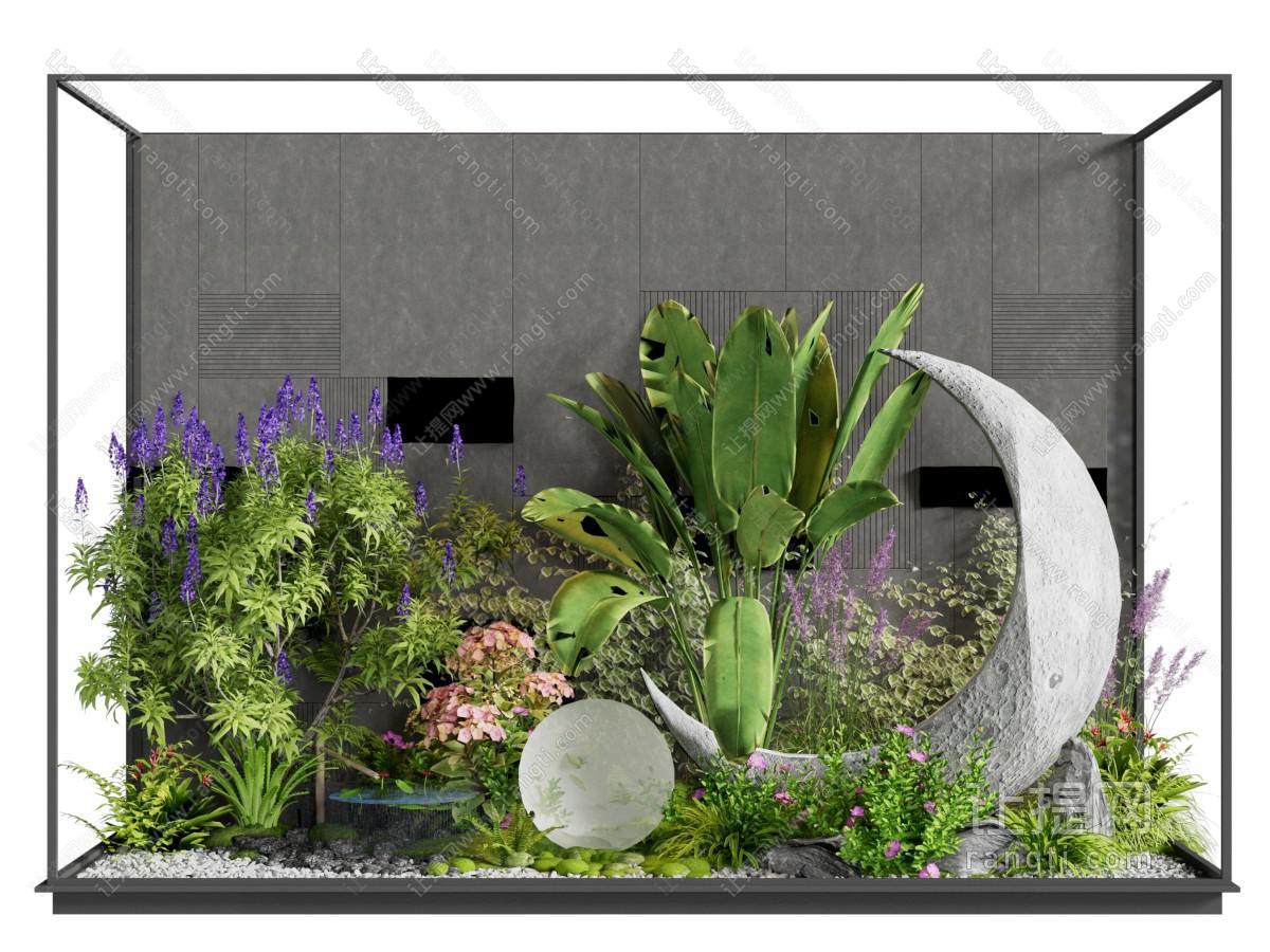 植物堆 室内植物造景 花境 月亮雕塑小品 花草 庭院小
