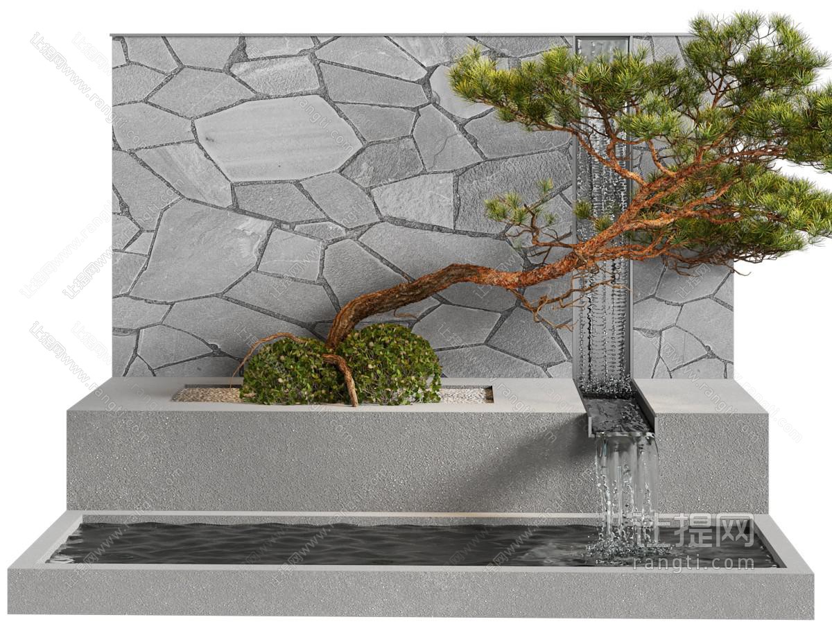 新中式喷泉水景 流水 树木花草 园艺小品