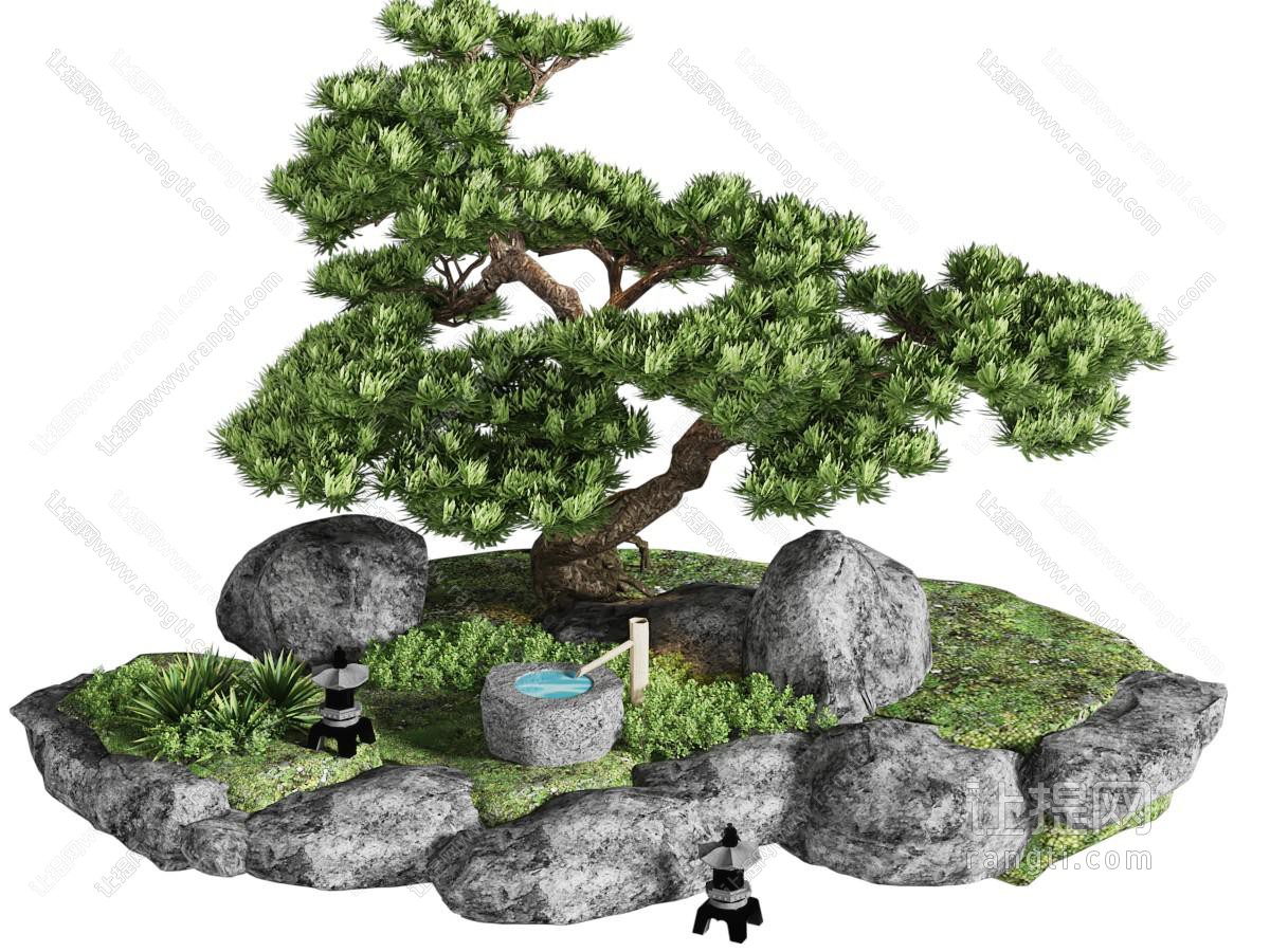 新中式松树石头庭院小品 景观造景 庭院微景观园艺小品