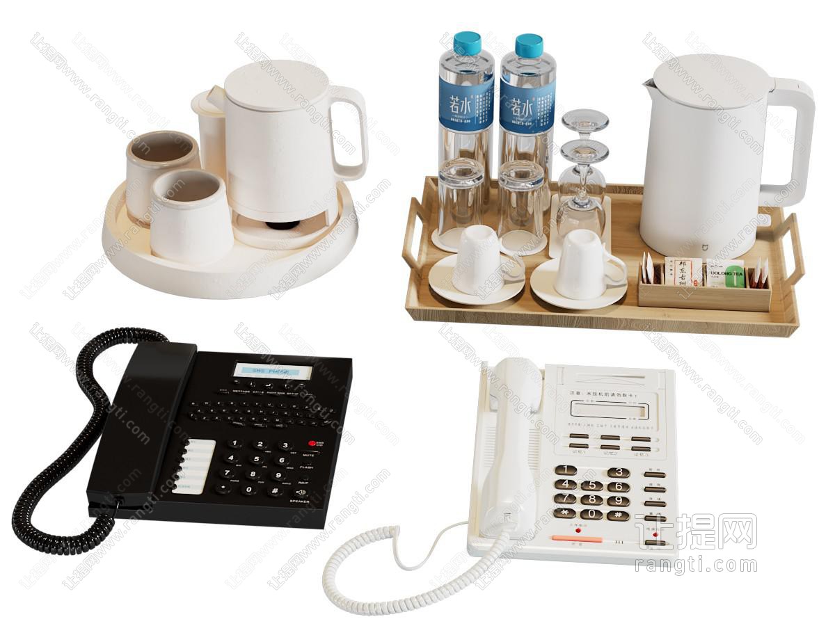 茶具 电话机 茶具 烧水壶 托盘 抽纸