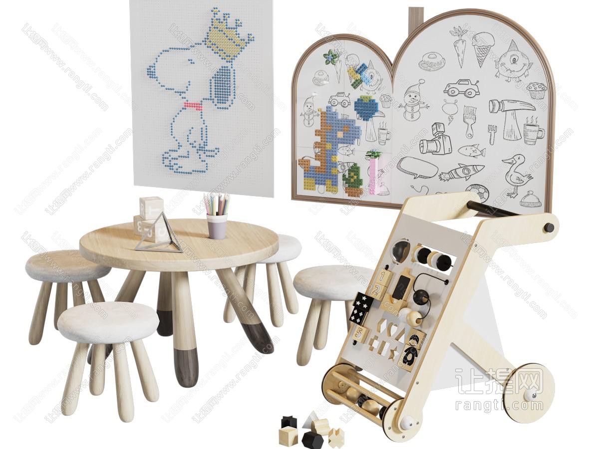 现代儿童玩具桌椅 积木玩具墙