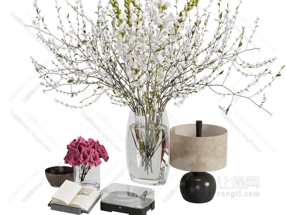 现代花瓶花卉 台灯 书籍摆件组合