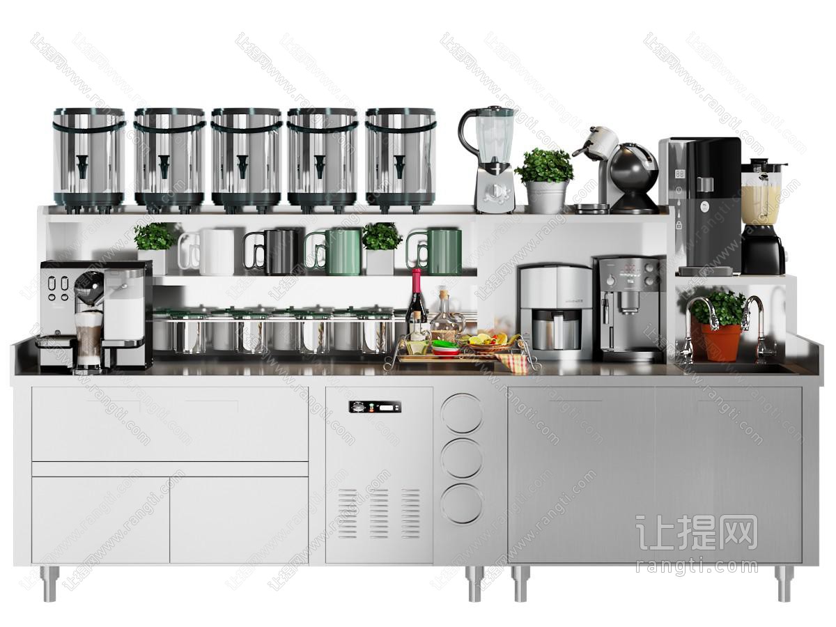 现代奶茶店设备 冷藏工作台 制冰机 咖啡机 水吧台