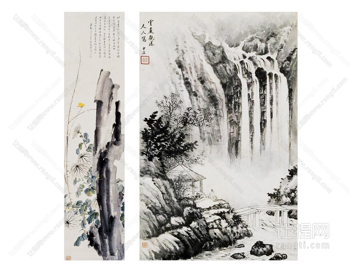 中式雅致植物山水风景挂画组合