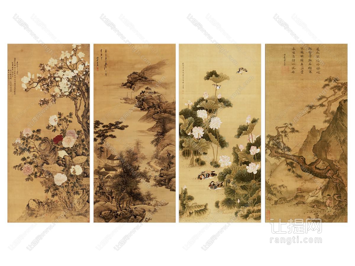 中式传统山峰花禽四拼挂画
