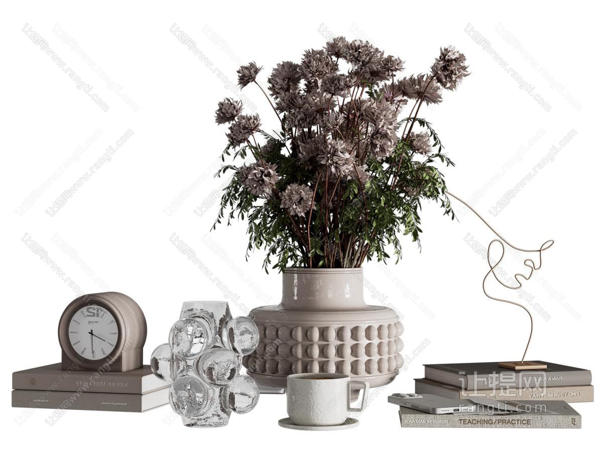 现代饰品摆件组合 花瓶花艺 玻璃器具 书籍陶罐 闹钟