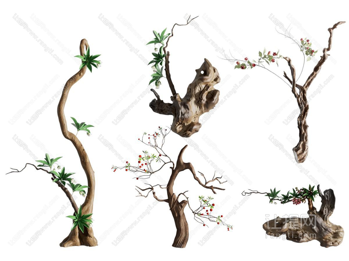 现代枯木绿植 景观园艺小品