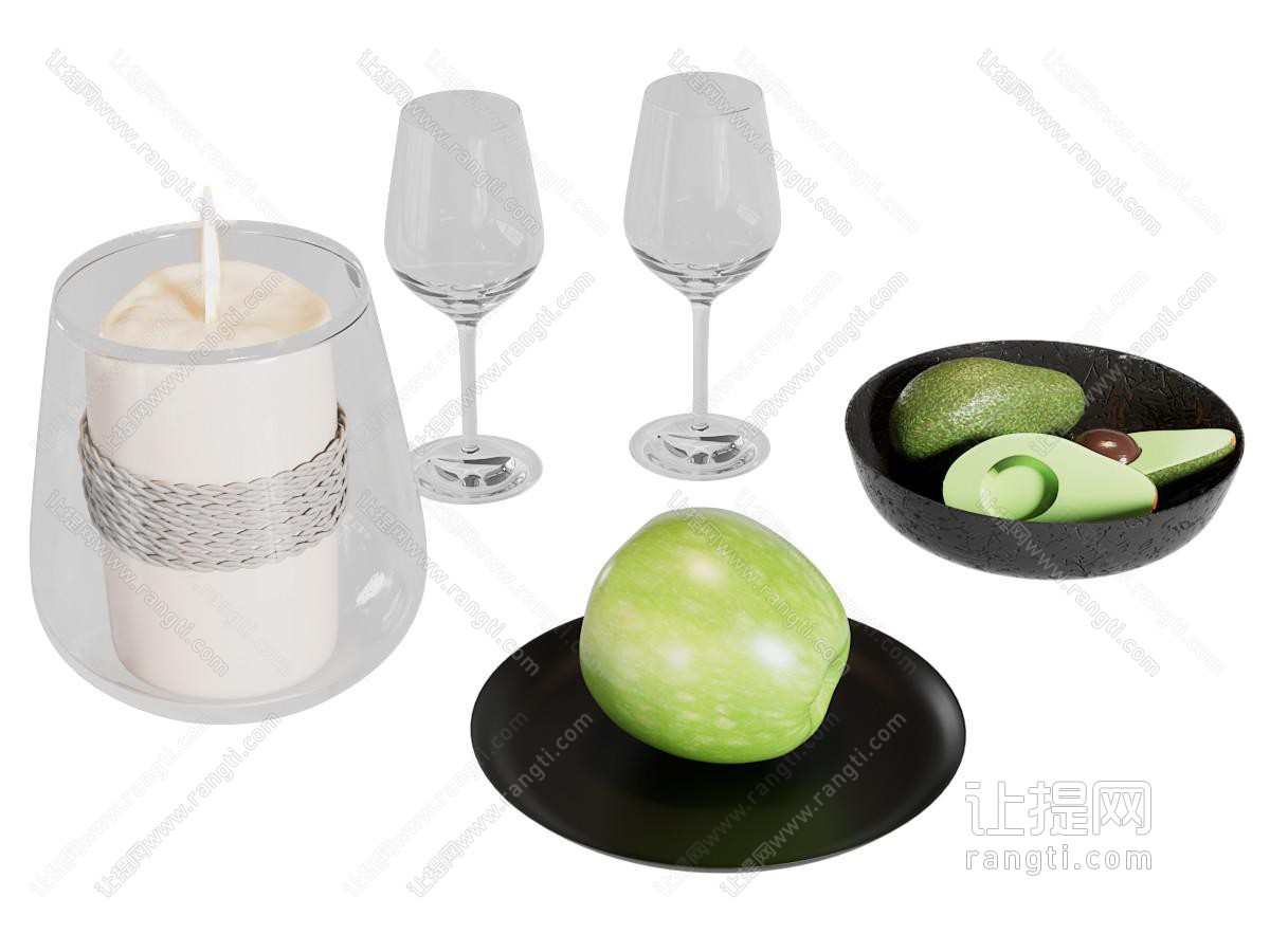 现代摆件组合 蜡烛 水果 苹果 水杯 摆件