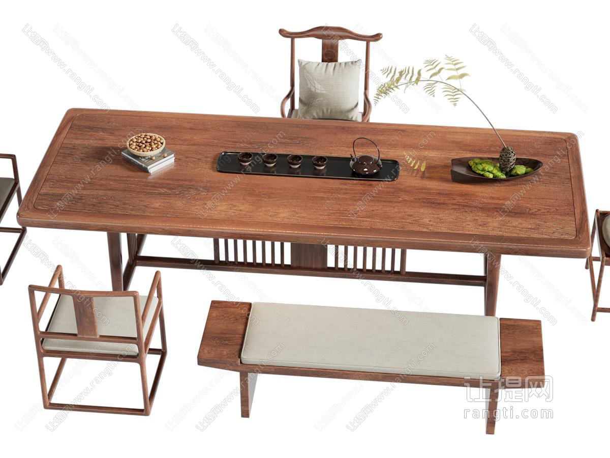 新中式实木茶桌椅组合 大板泡茶桌 茶具用品 博古架 茶