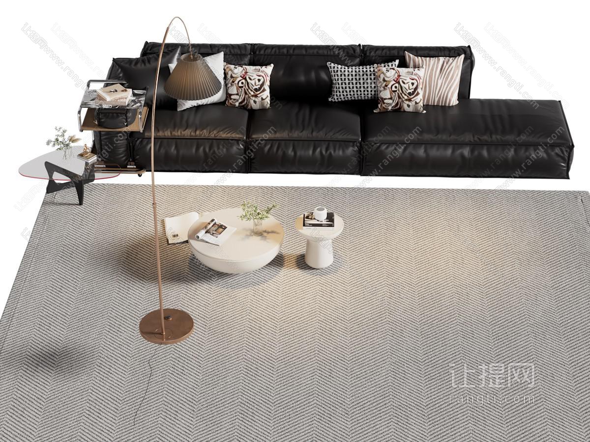 现代中古奶油风三人沙发茶几组合
