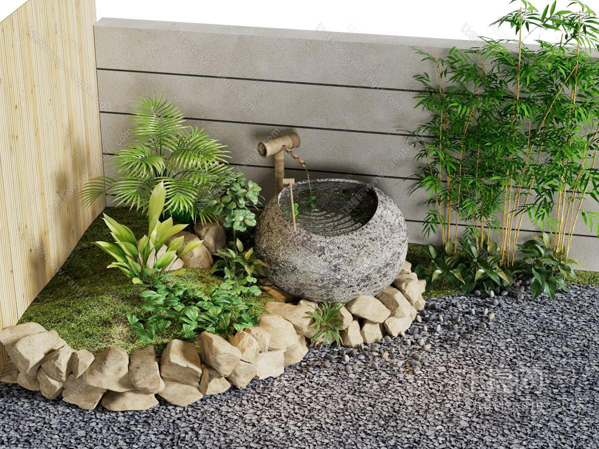 新中式庭院石子 水景 花草景观园艺小品