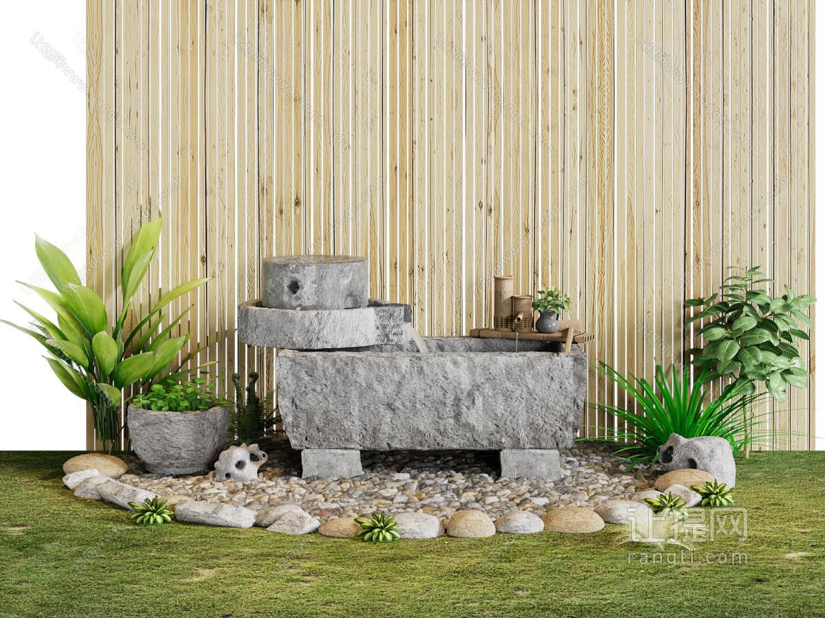 新中式庭院水景 石头 花草景观园艺小品