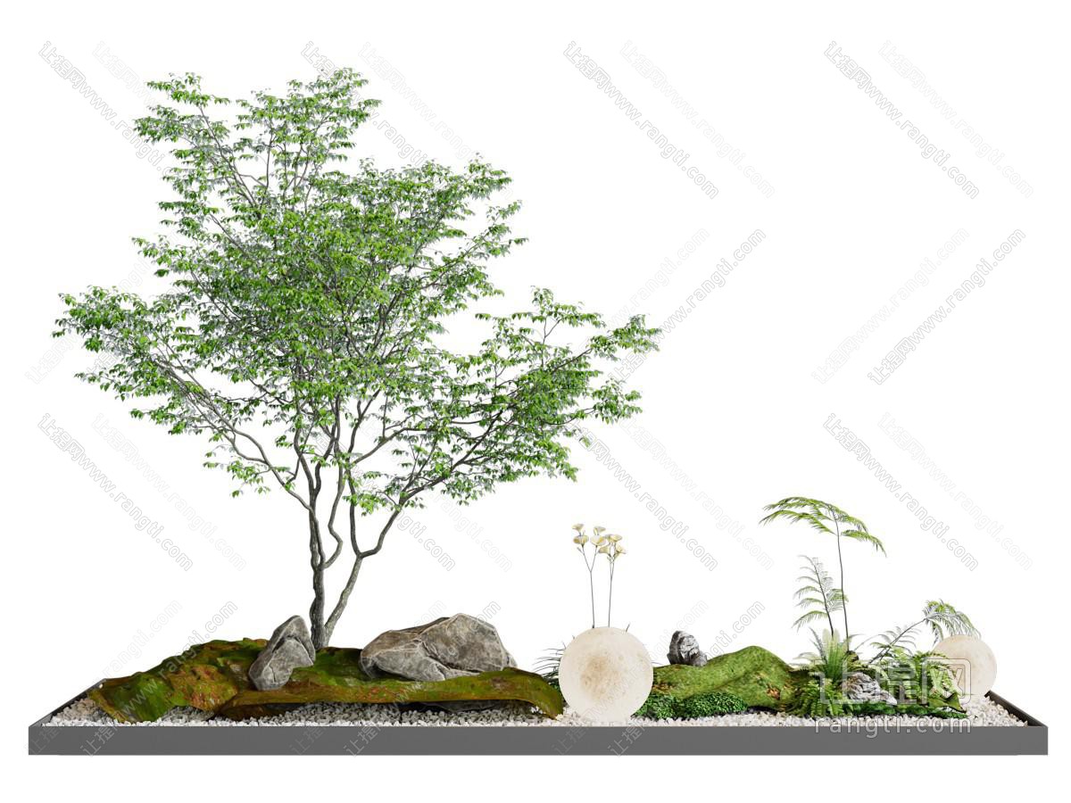 现代花坛 石头 树木 月球灯景观园艺小品