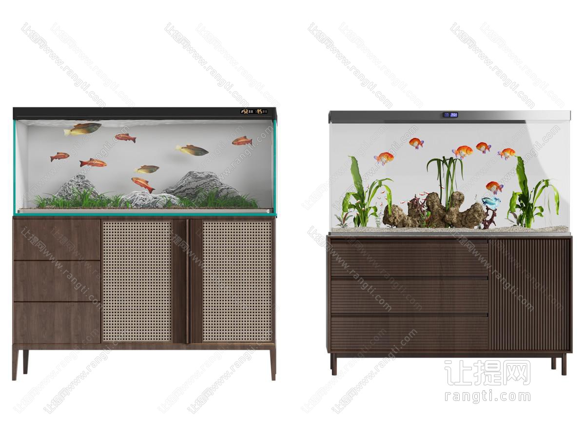 侘寂风中古风带装饰柜的鱼缸水族