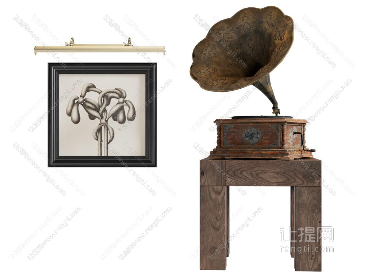 中古风留声机 复古留声机摆件 原木角几 装饰画