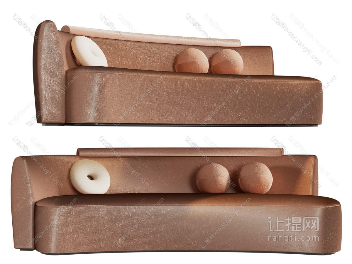现代棕色布艺弧形多人沙发