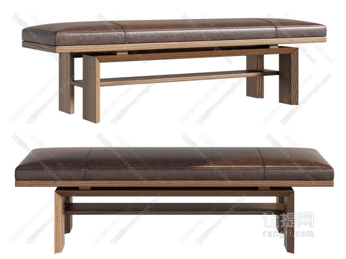 中古复古床尾凳 中古床尾凳 长凳 实木 皮革