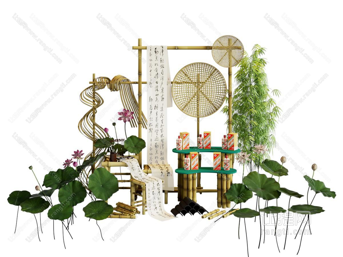 新中式美陈 互动合影 产品展示 荷花荷叶 竹编 簸箕