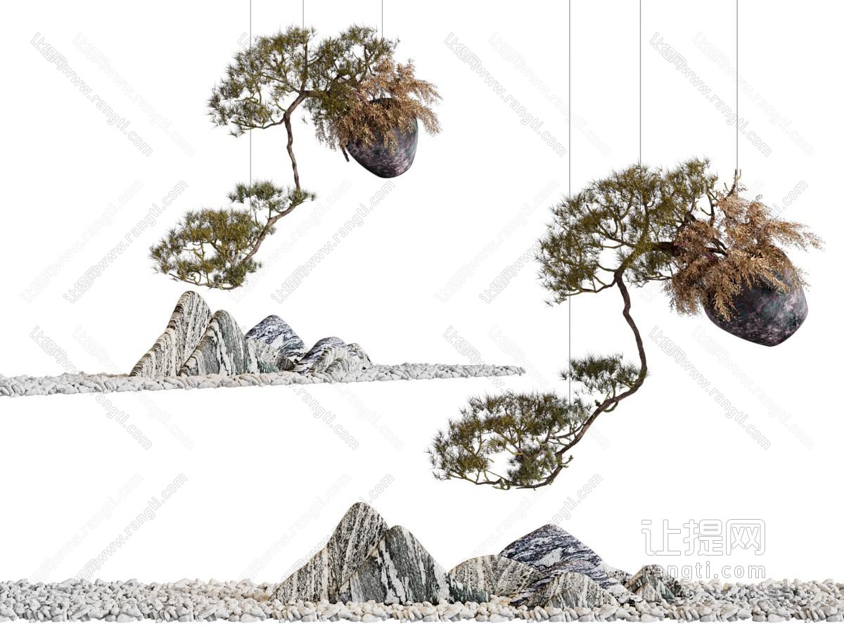 松树 假山小品 吊挂植物