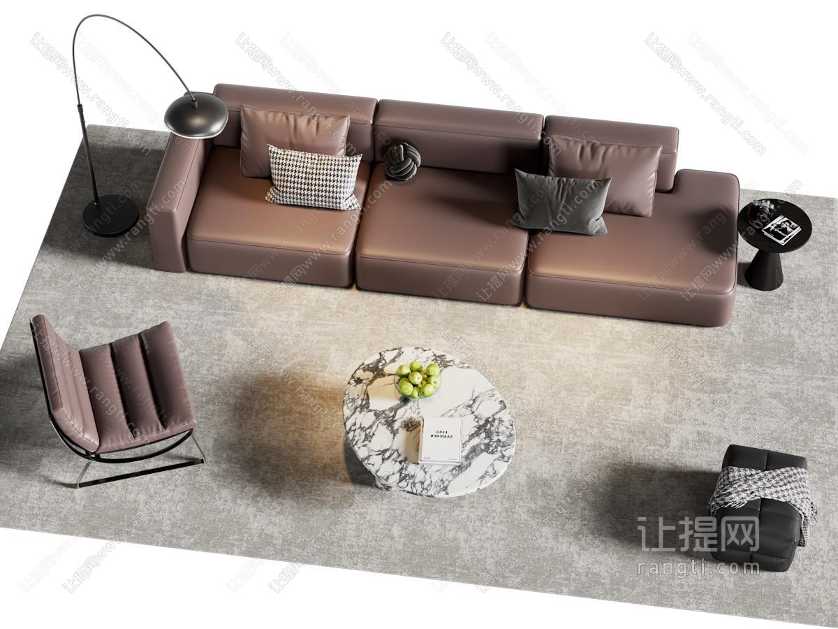 现代意式沙发组合 沙发茶几 皮质沙发 意式轻奢 休闲椅