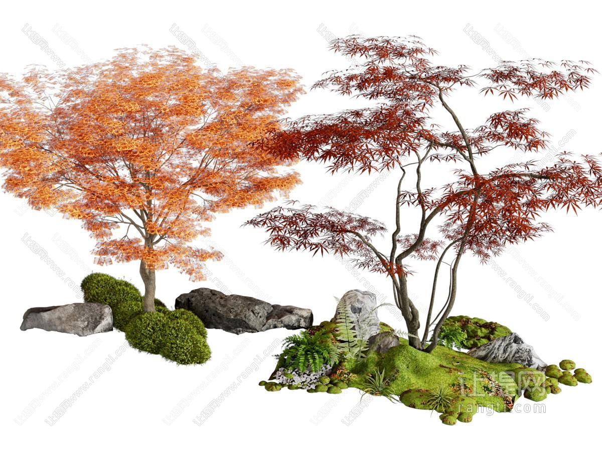 现代枫树 石头 苔藓景观园艺小品